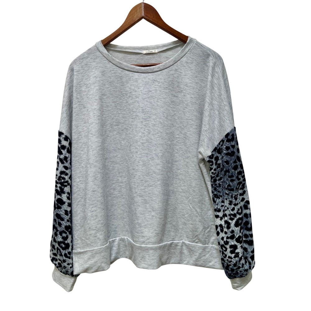 e.Luna Womens Plus 1X Heather Gray‎ Leopard Print Sleeve Sweatshirt Pullover USA
